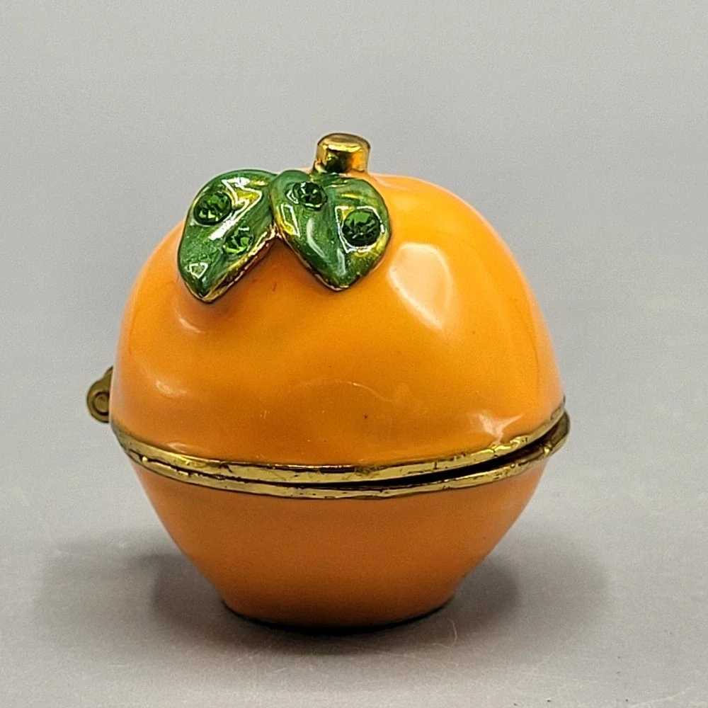 Work of Art Trinket Box Small Enameled Fruit Citrus Orange Home Shelf Decor